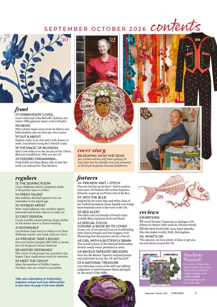 Embroidery magazine's september october 2026 issue's contents page